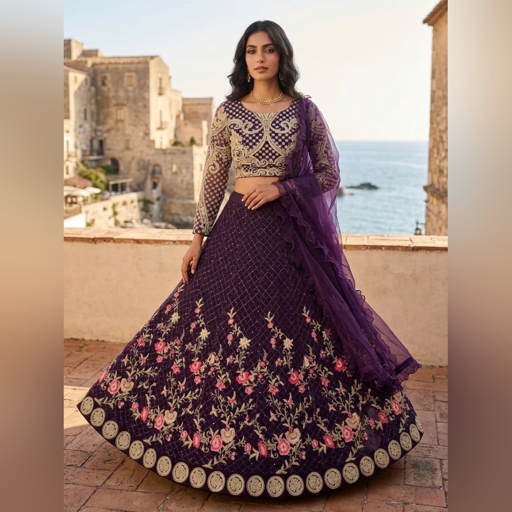 Purple Embroidered Lehenga Choli 4 Piece- Bridal/Festive/ Formal - Indian & Paki